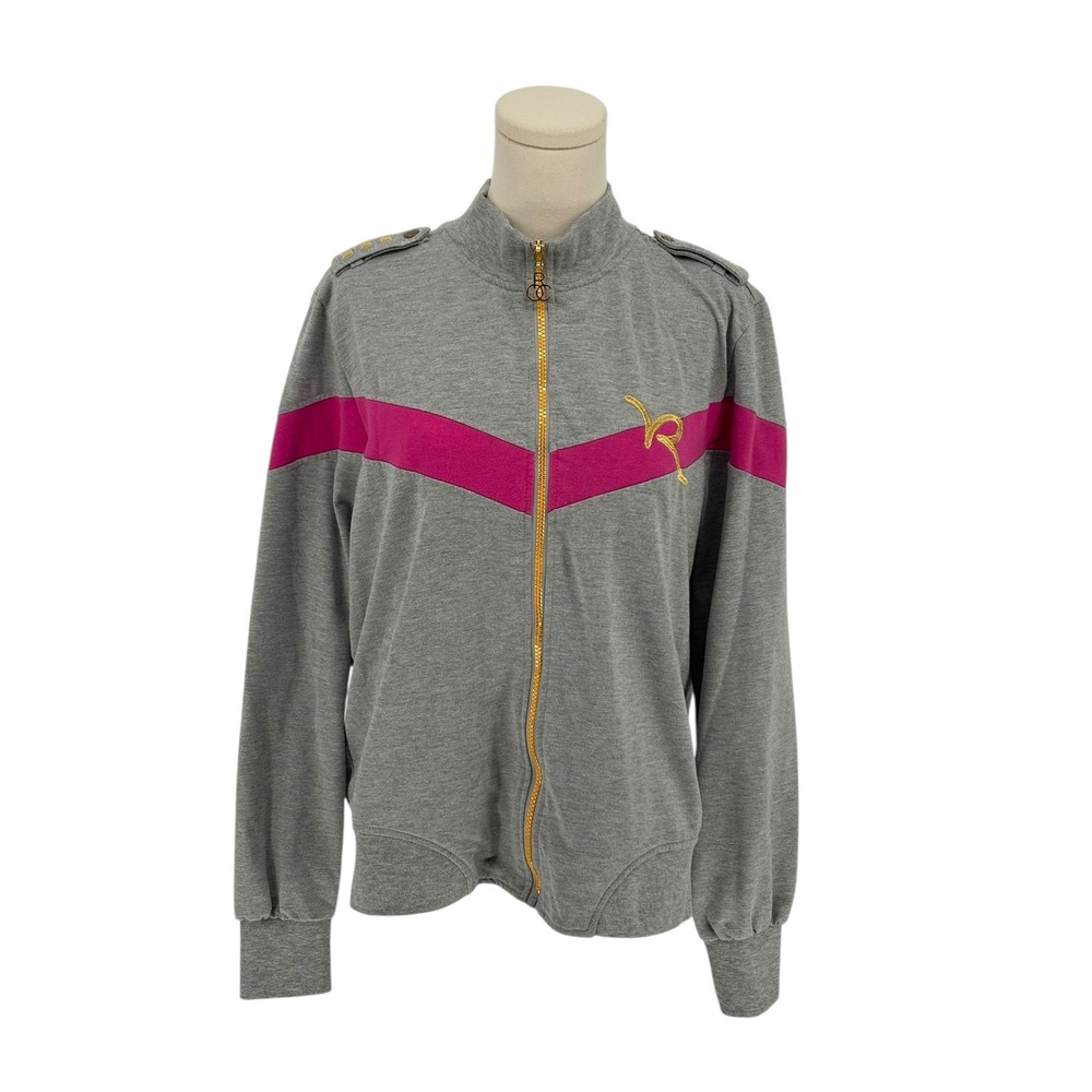Rocawear Womens Track Jacket 1X Grey Pink Gold Zip Up Embellished Logo Full Zip